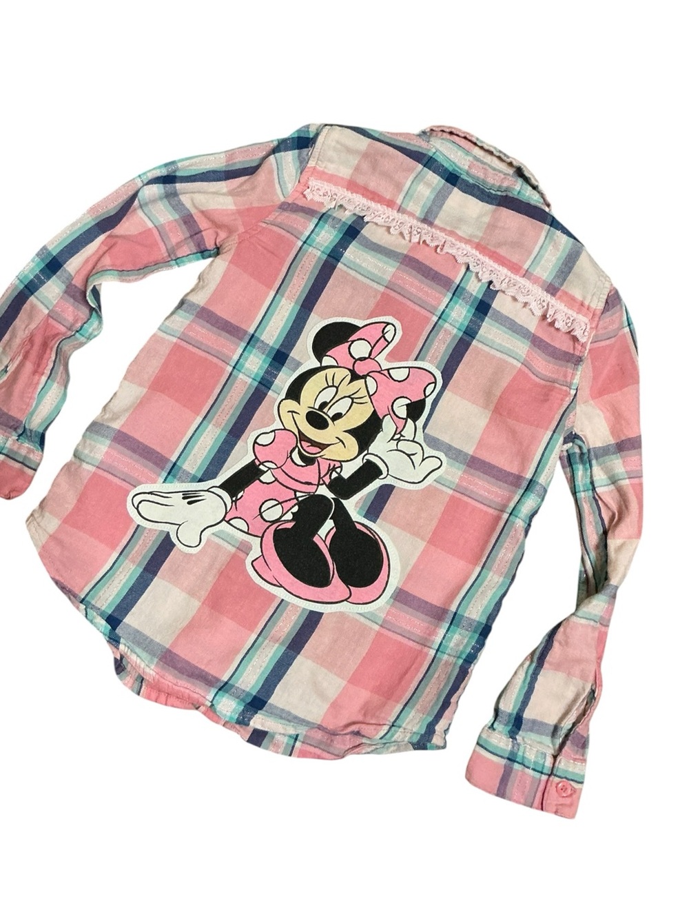 DISNEY Minnie Mouse Pink Plaid Upcycled Flannel Graphic Shirt Disneyland - Picture 4 of 9
